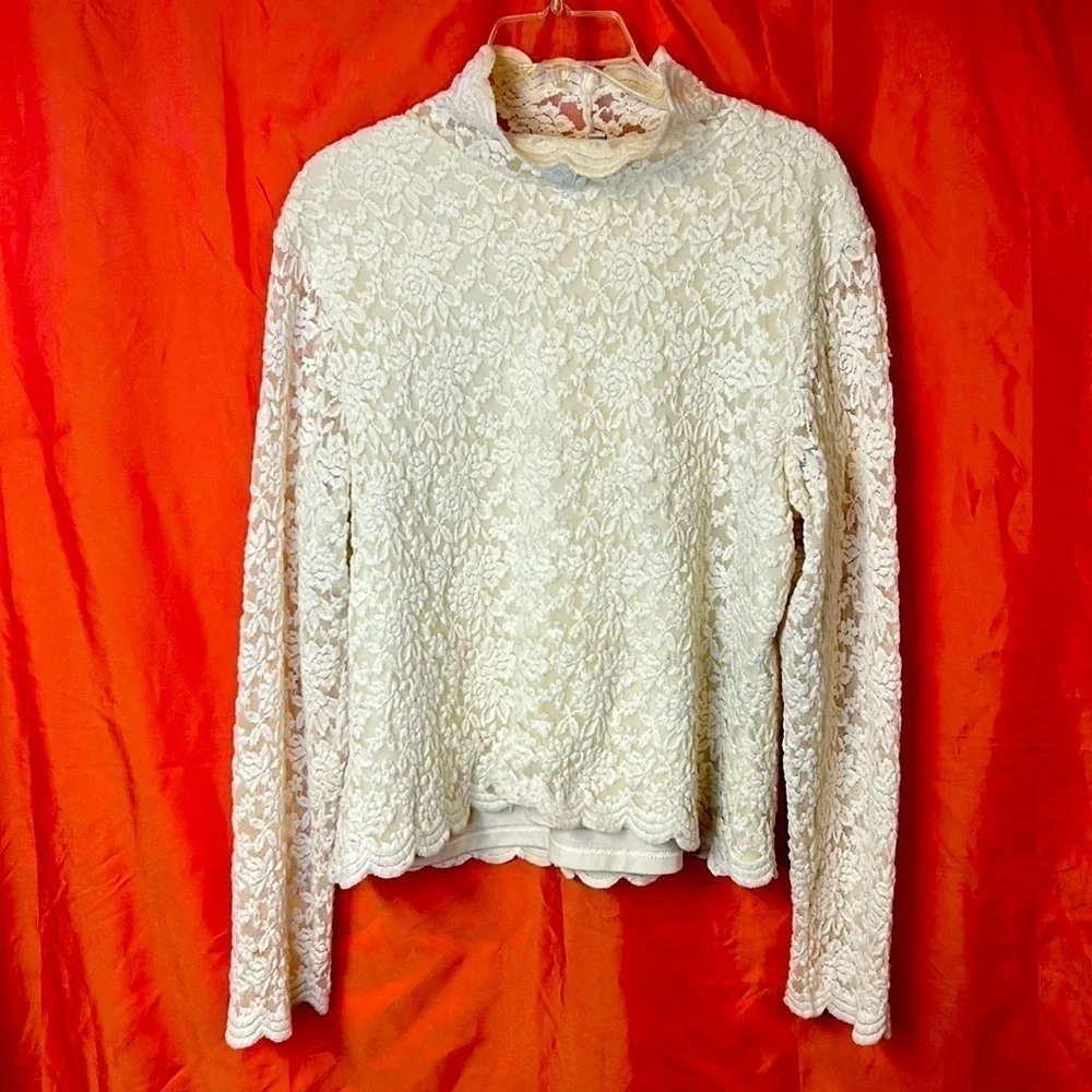 Coldwater Creek Women’s Lace Top Size L Off White Lined Bodice Long Sleeve